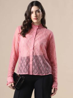 Globus - Pink Floral Lace Self Design High Neck Full Sleeves Shirt