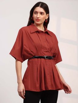 Globus - Women Red Solid Collar Neck Flared Sleeves Pleated Shirt