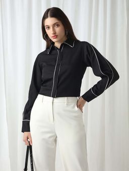 Globus - Women Black Collared Neck Full Sleeves Piping Detail Workwear Shirt