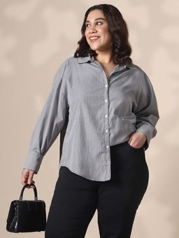 Globus - Women Black Collared Neck Full Sleeves Striped Oversize Plus Size Shirt