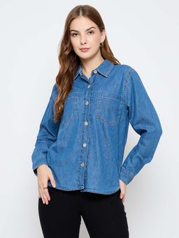 Madame - Women Blue Solid/Plain Full Sleeves Shirt