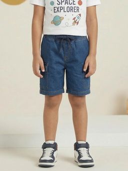 KiddoPanti - Boys Solid Blue Cargo Denim Shorts with Flap Pockets