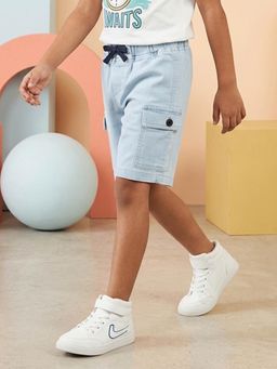 KiddoPanti - Boys Solid Light Blue Cargo Denim Shorts with Flap Pockets