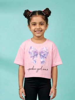 KiddoPanti - Girls Cotton Bow Graphic Printed Drop Shoulder T-Shirt