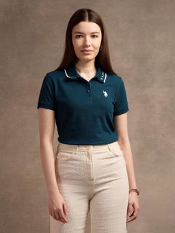 U.S. POLO ASSN. - Teal Jacquard Collar Polo T-Shirt