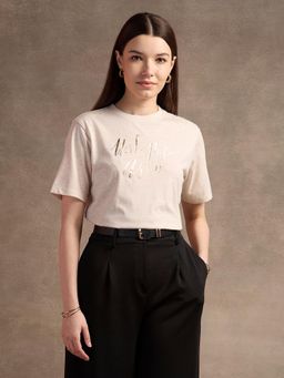 U.S. POLO ASSN. - Beige Foil Print Boxy Fit T-Shirt