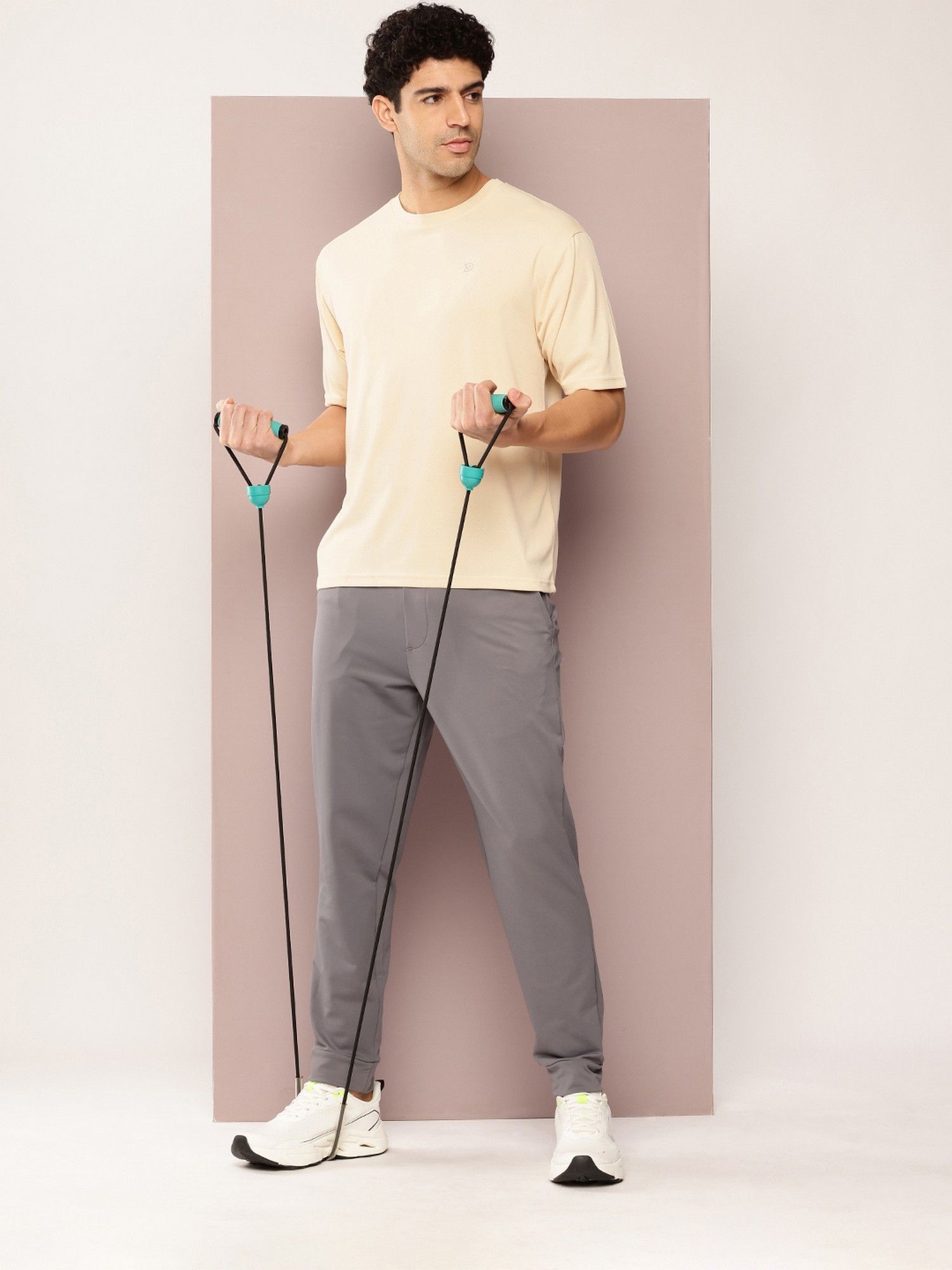 Men Short Sleeve Round Neck Oversized Beige Polyester T-Shirt