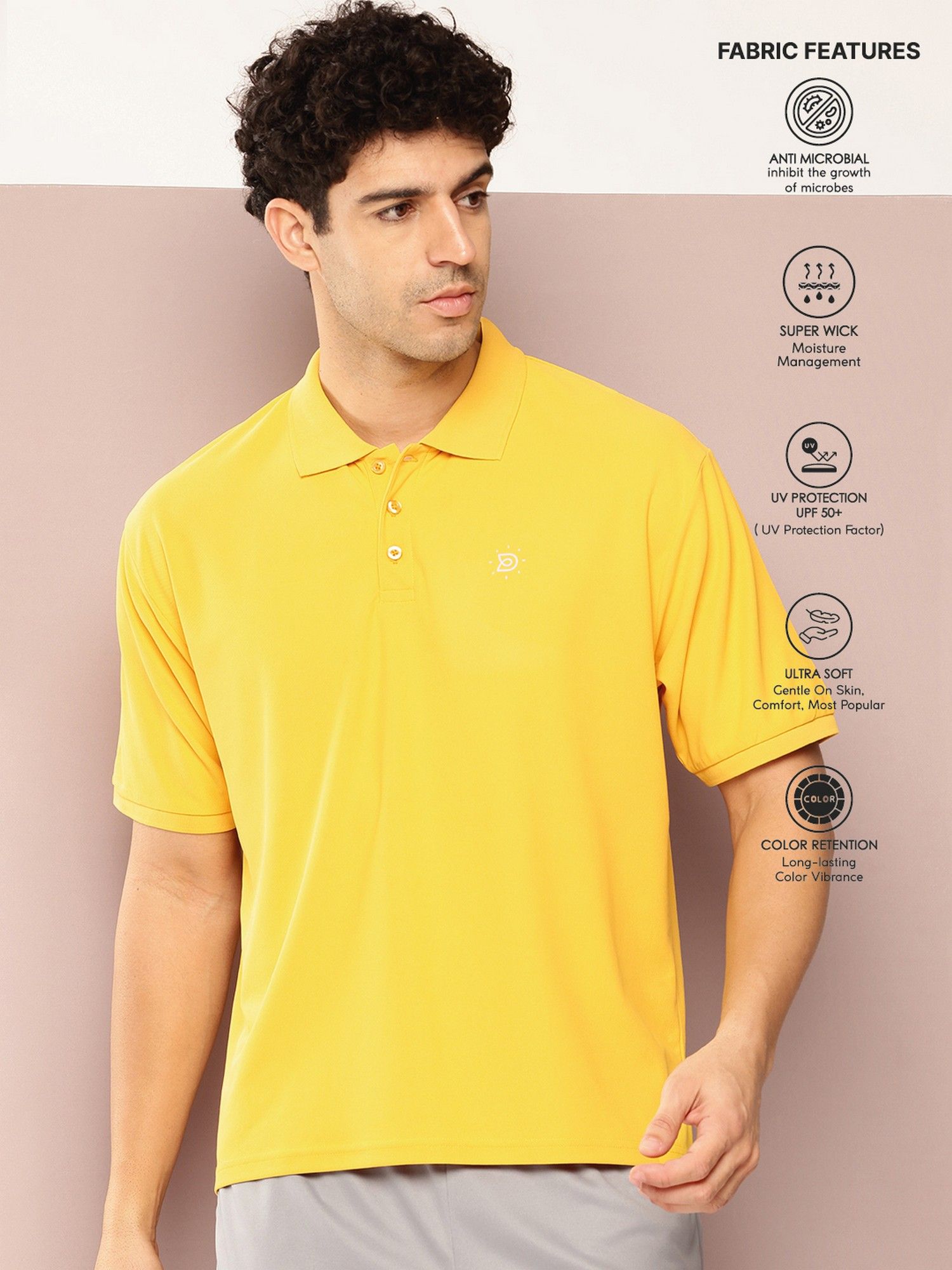 Men Short Sleeve Polo Neck Oversized Yellow Polyester T-Shirt