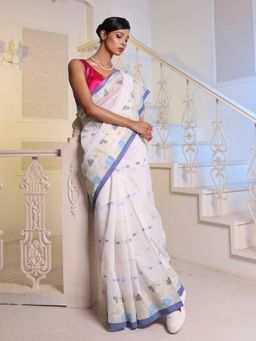 CHARUKRITI - White Cotton Blend Handwoven Saree with Unstitched Blouse