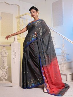 CHARUKRITI - Dark Grey Cotton Blend Handwoven Saree with Unstitched Blouse