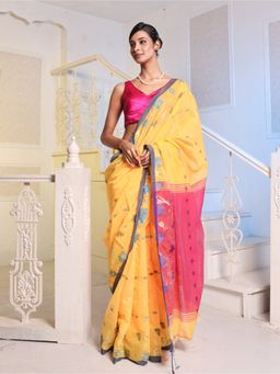 CHARUKRITI - Yellow Cotton Blend Handwoven Saree with Unstitched Blouse