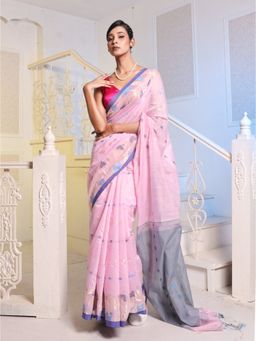 CHARUKRITI - Baby Pink Cotton Blend Handwoven Saree with Unstitched Blouse