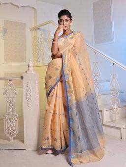 CHARUKRITI - Beige Cotton Blend Handwoven Saree with Unstitched Blouse