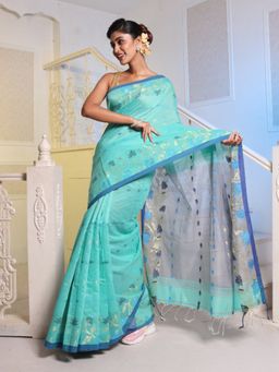 CHARUKRITI - Sea Green Cotton Blend Handwoven Saree with Unstitched Blouse