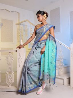 CHARUKRITI - Grey Cotton Blend Handwoven Saree with Unstitched Blouse