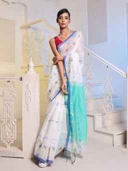 CHARUKRITI - White Cotton Blend Handwoven Saree with Unstitched Blouse