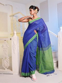 CHARUKRITI - Navy Blue Cotton Blend Handwoven Saree with Unstitched Blouse