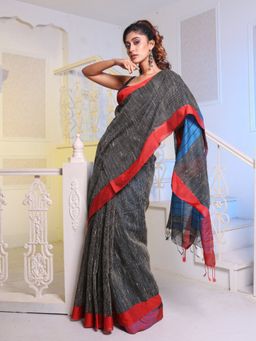 CHARUKRITI - Black Handwoven Cotton Blend Gheecha Saree with Unstitched Blouse
