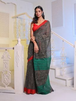 CHARUKRITI - Black Handwoven Cotton Blend Gheecha Saree with Unstitched Blouse