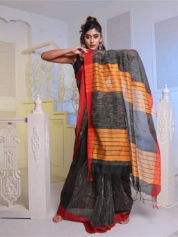 CHARUKRITI - Black Handwoven Cotton Blend Gheecha Saree with Unstitched Blouse