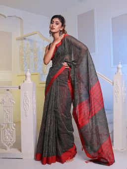 CHARUKRITI - Black Handwoven Cotton Blend Gheecha Saree with Unstitched Blouse