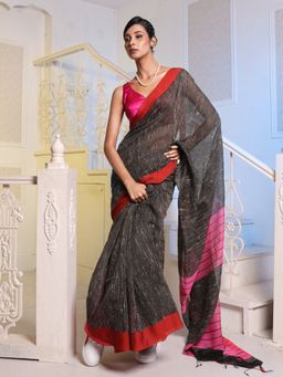 CHARUKRITI - Black Handwoven Cotton Blend Gheecha Saree with Unstitched Blouse