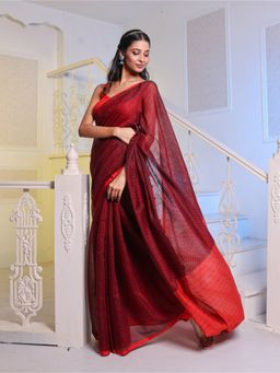 CHARUKRITI - Maroon Handwoven Cotton Blend Soft Saree with Unstitched Blouse