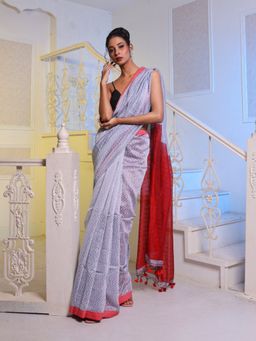 CHARUKRITI - Light Grey Handwoven Cotton Blend Soft Saree with Unstitched Blouse