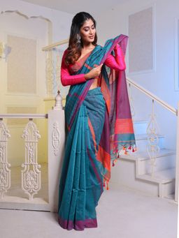 CHARUKRITI - Teal Handwoven Cotton Blend Soft Saree with Unstitched Blouse
