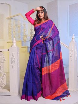 CHARUKRITI - Navy Blue Handwoven Cotton Blend Soft Saree with Unstitched Blouse