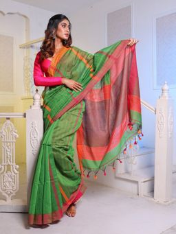 CHARUKRITI - Green Handwoven Cotton Blend Soft Saree with Unstitched Blouse