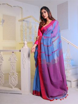 CHARUKRITI - Sky Blue Handwoven Cotton Blend Soft Saree with Unstitched Blouse