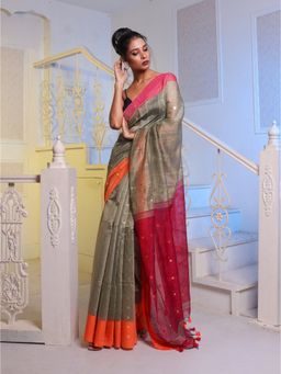 CHARUKRITI - Ecru Handwoven Cotton Blend Soft Saree with Unstitched Blouse