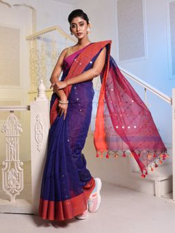CHARUKRITI - Navy Blue Handwoven Cotton Blend Soft Saree with Unstitched Blouse