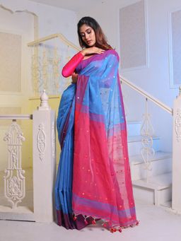 CHARUKRITI - Sky Blue Handwoven Cotton Blend Soft Saree with Unstitched Blouse