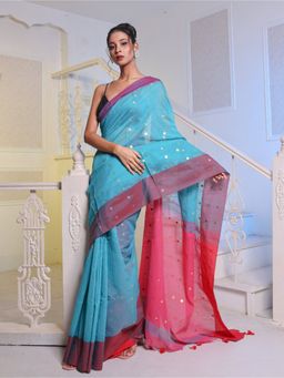 CHARUKRITI - Sea Blue Handwoven Cotton Blend Soft Saree with Unstitched Blouse