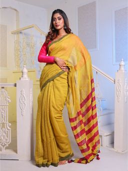 CHARUKRITI - Mustard Cotton Blend Handwoven Saree with Unstitched Blouse