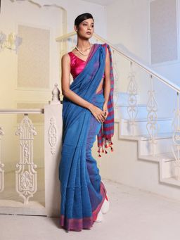 CHARUKRITI - Blue Cotton Blend Handwoven Saree with Unstitched Blouse