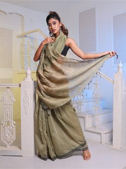 CHARUKRITI - Olive Cotton Blend Handwoven Saree with Unstitched Blouse