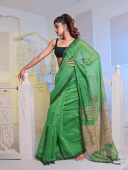 CHARUKRITI - Green Cotton Blend Handwoven Saree with Unstitched Blouse