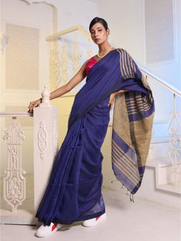 CHARUKRITI - Midnight Navy Cotton Blend Handwoven Saree with Unstitched Blouse