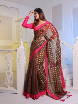 CHARUKRITI - Brown Handwoven Cotton Blend Soft Saree with Unstitched Blouse