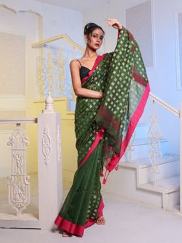 CHARUKRITI - Green Handwoven Cotton Blend Soft Saree with Unstitched Blouse