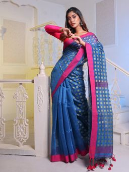 CHARUKRITI - Sapphire Blue Handwoven Cotton Blend Soft Saree with Unstitched Blouse