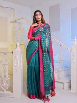 CHARUKRITI - Green Handwoven Cotton Blend Soft Saree with Unstitched Blouse