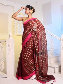 CHARUKRITI - Brown Handwoven Cotton Blend Soft Saree with Unstitched Blouse