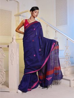 CHARUKRITI - Navy Blue Cotton Handwoven Soft Saree with Unstitched Blouse