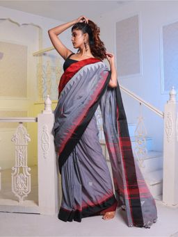 CHARUKRITI - Grey Cotton Handwoven Soft Saree with Unstitched Blouse