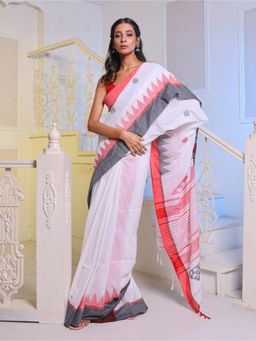 CHARUKRITI - White Cotton Handwoven Soft Saree with Unstitched Blouse