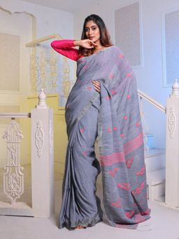 CHARUKRITI - Grey Cotton Handwoven Soft Saree with Unstitched Blouse